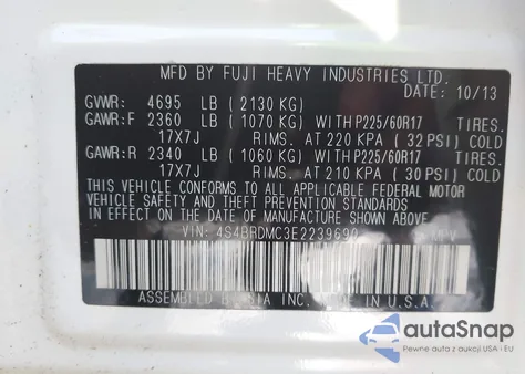 2014 Subaru Outback 3.6R Limited z USA, uszkodzony, nr VIN 4S4BRDMC3E2239690